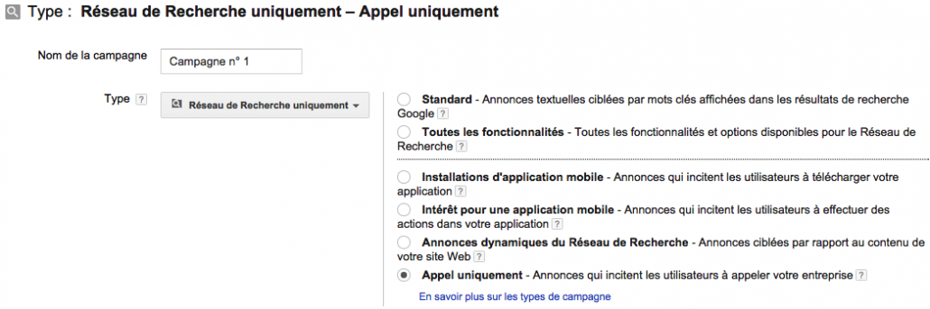 Création annnonces d'appel Google AdWords